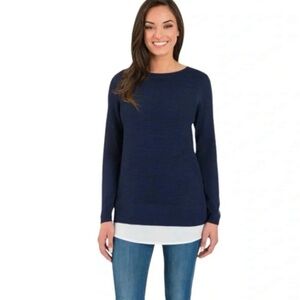 Hilary Radley blue tunic top with white  shirt tail.Layered top .Long sleeves
